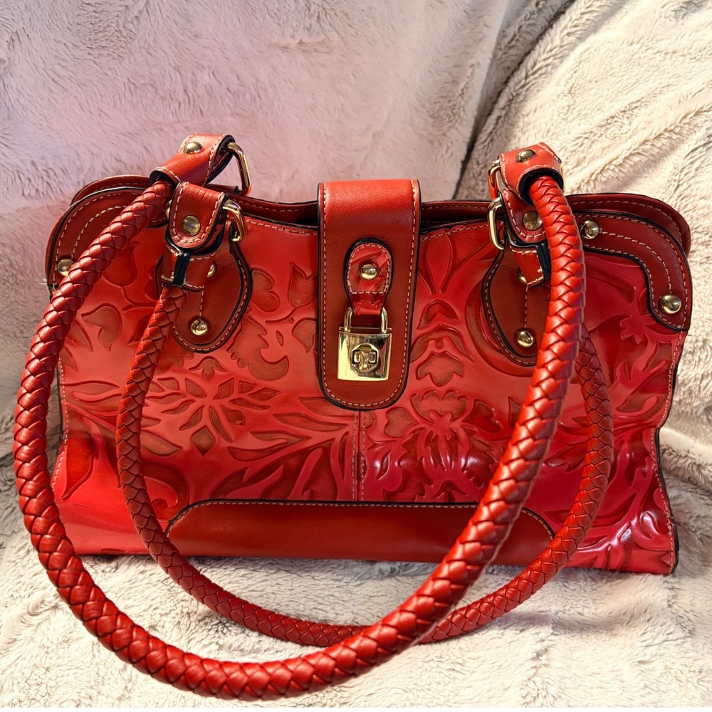 MC Embossed Floral Purse‎ Red Leather Gold Lock Braided Handle Western Whimsy